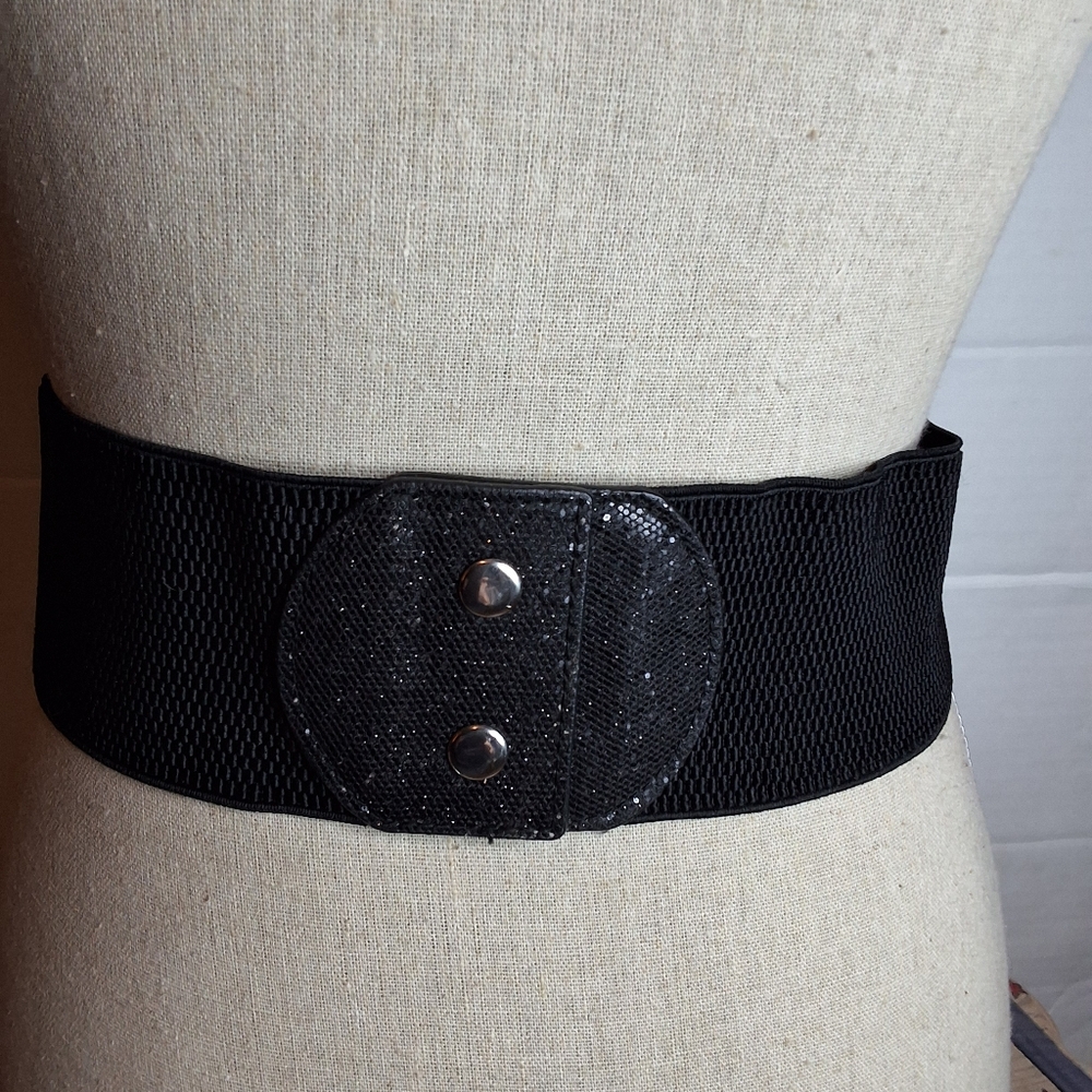 Vintage 1980s Black Bow Waist Belt – Wide Elastic Glam Statement Belt M/L - Picture 6 of 11